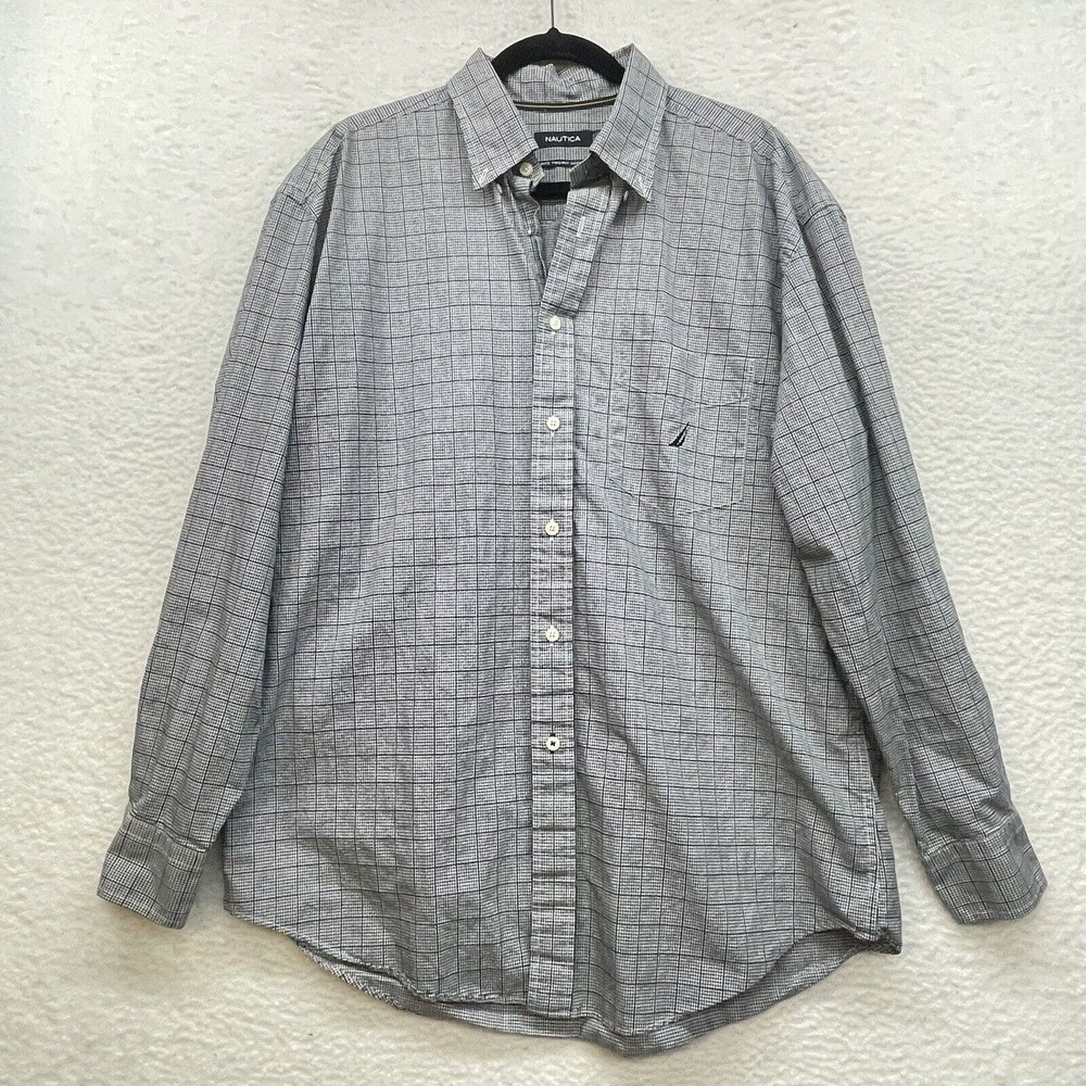 Nautica Shirt Mens Extra Large Gray Check Button Down 80s 2 Ply Cotton Preppy